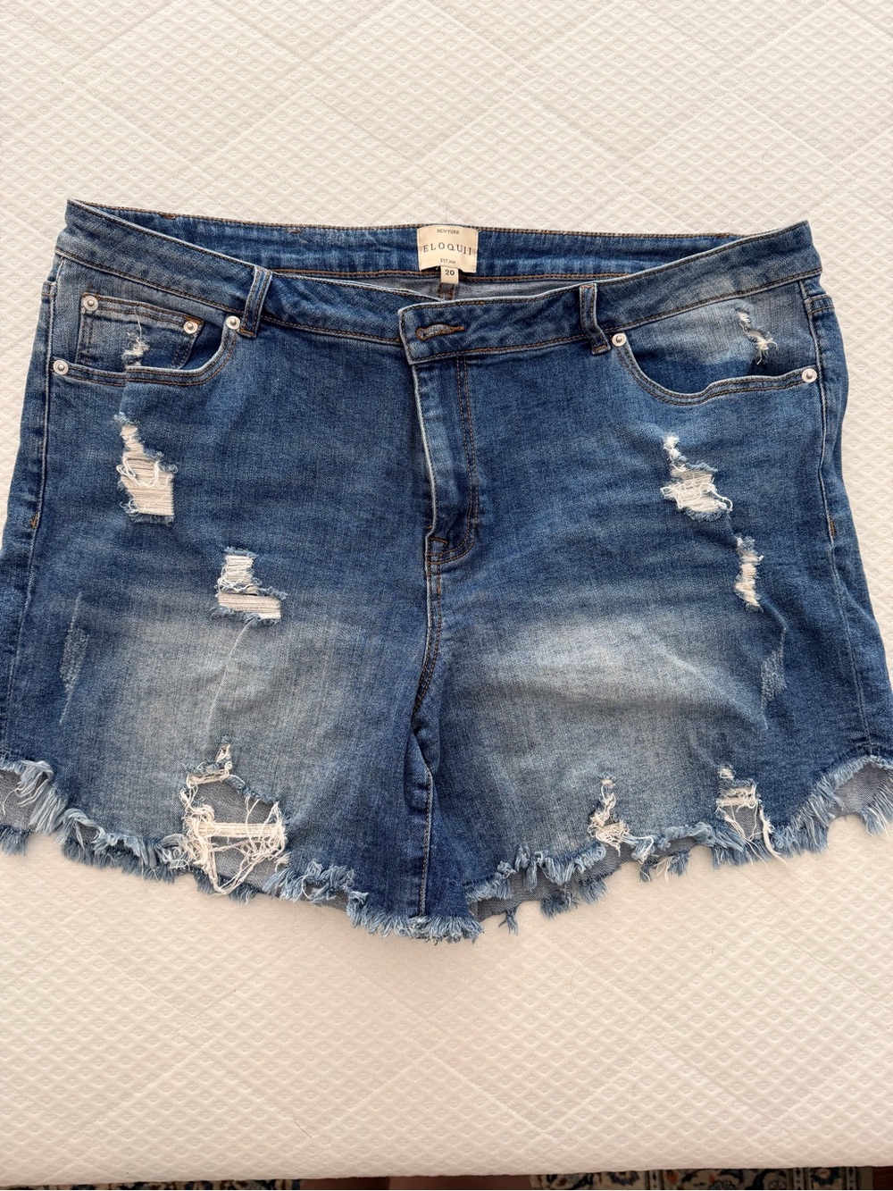 Eloquii Medium Blue Distressed Frayed Hem Jean Shorts